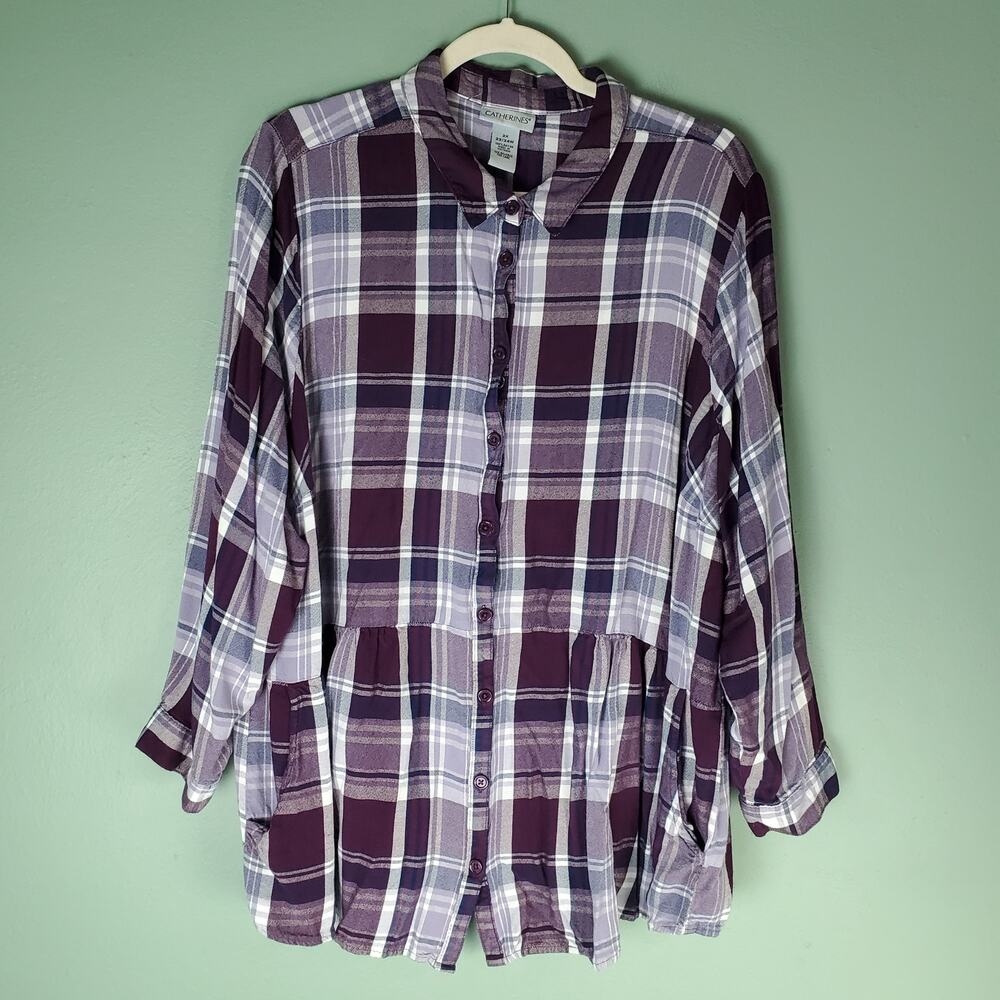 Catherines Womens Purple Plaid Button Up Ruffle Hem Long Sleeve Shirt Size 2X